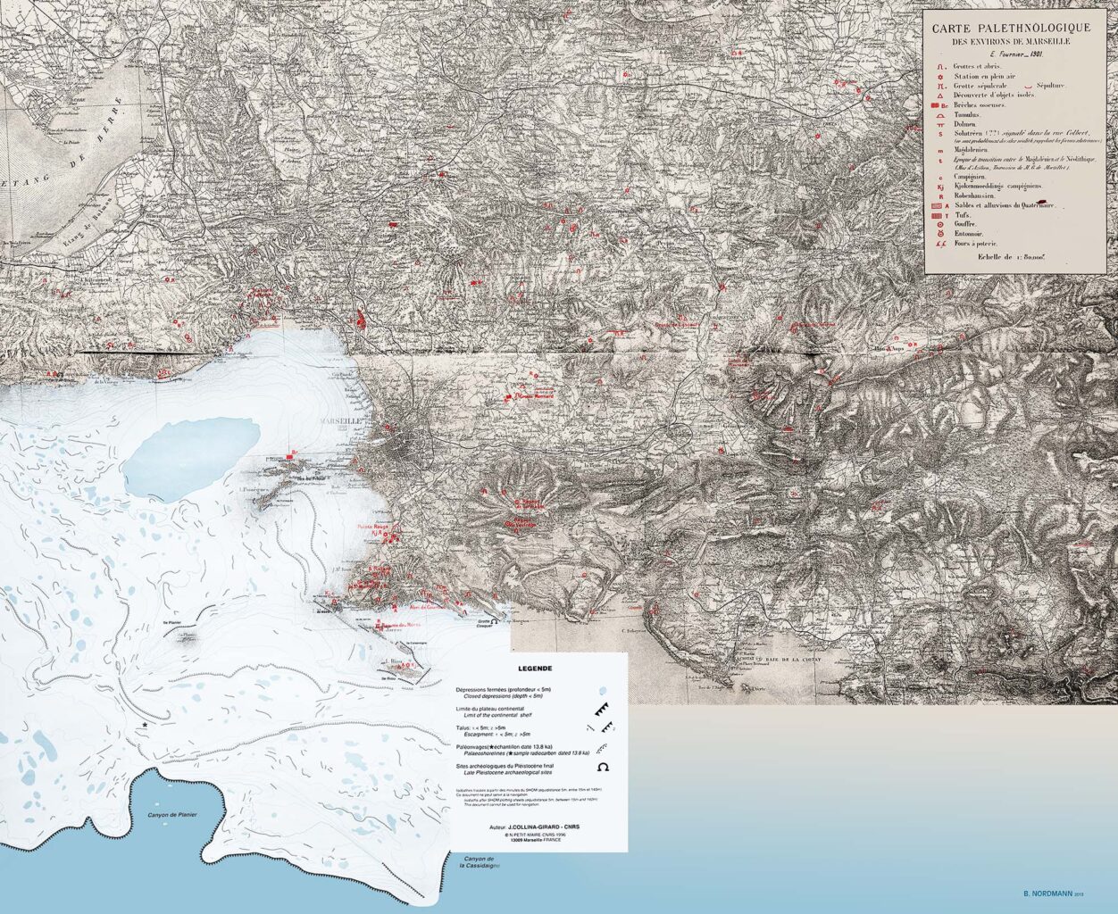 Une carte de Marseille ponctuée de points rouges montrant des grottes et des abris sous roche est assemblée avec la carte des paléorivages, quand le niveau de la mer était 120 mètre plus bas.